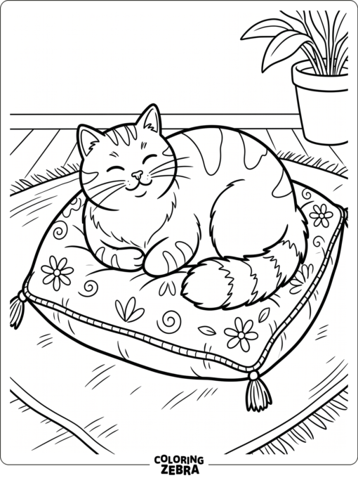 A round cat resting on a pillow with folded paws