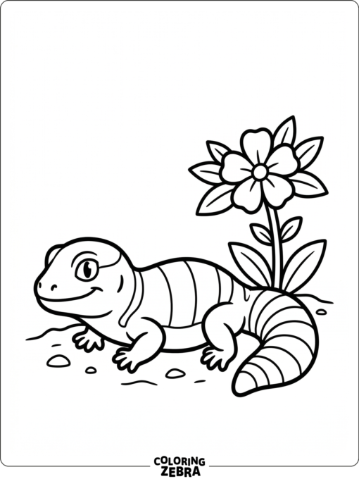 A fat tailed gecko rests beside a small desert flower