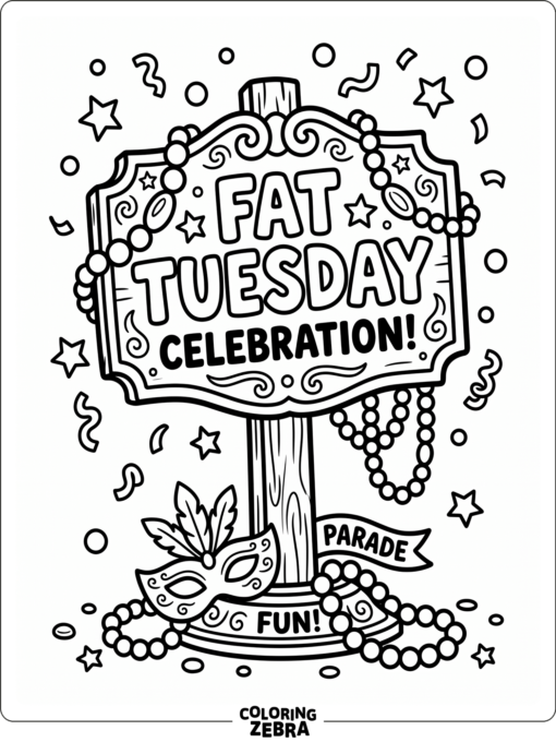 A Fat Tuesday sign with confetti and beads