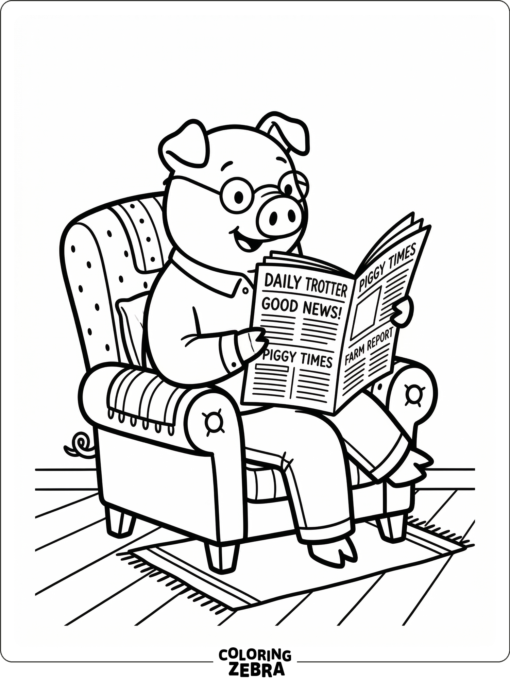 A father pig reading a newspaper in an armchair