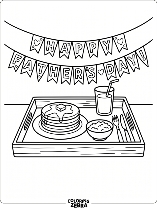 A breakfast tray with pancakes, eggs, and juice