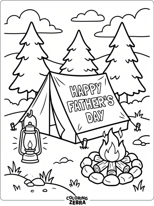 A camping tent with a lantern and pine trees