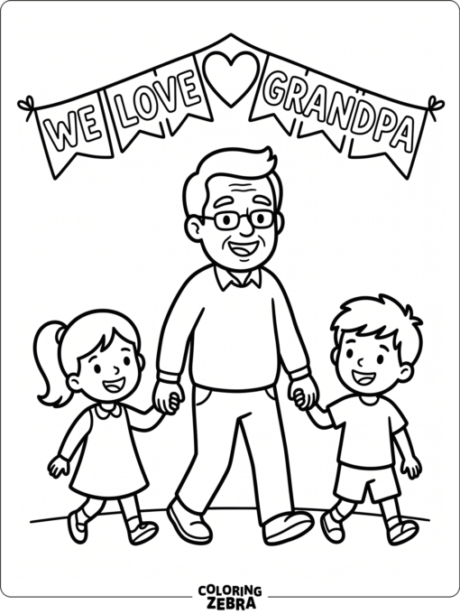 A grandpa holding hands with two kids