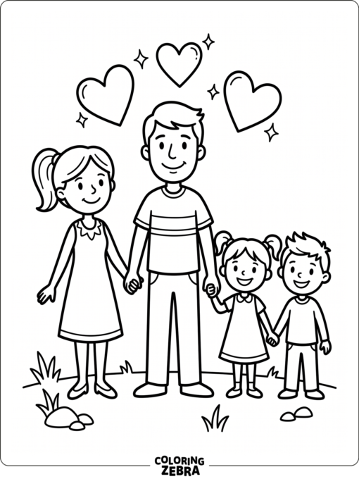 A family standing together with hearts above them