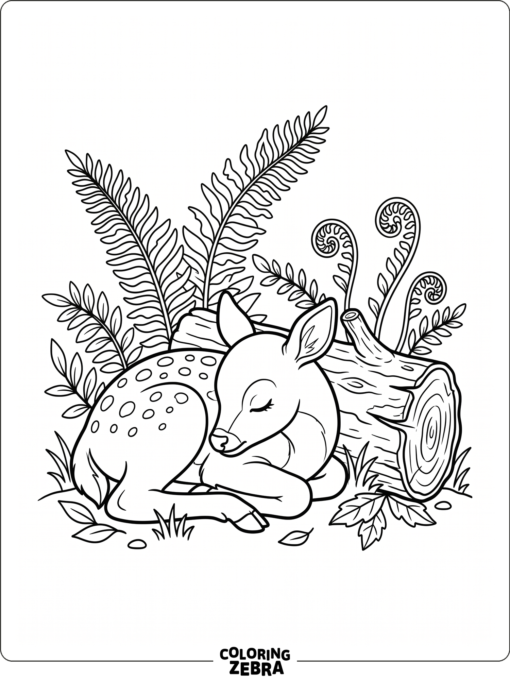 A fawn curled up beside a log and ferns