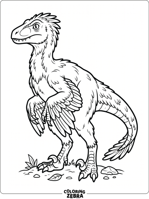 A feathered velociraptor standing with tucked wings
