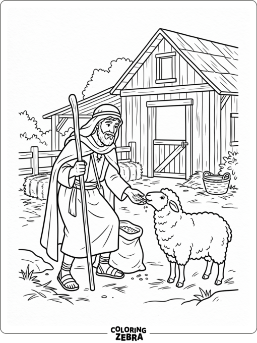 A shepherd feeding a sheep in a barnyard