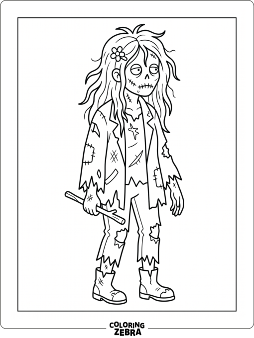 A female zombie with long hair and a ripped jacket