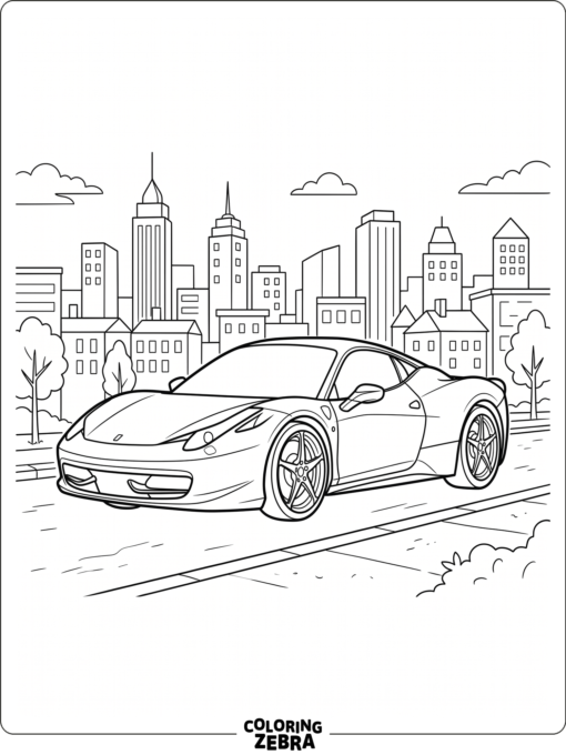 A Ferrari 458 parked with a city skyline