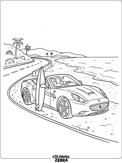 A Ferrari California convertible beside a beach road