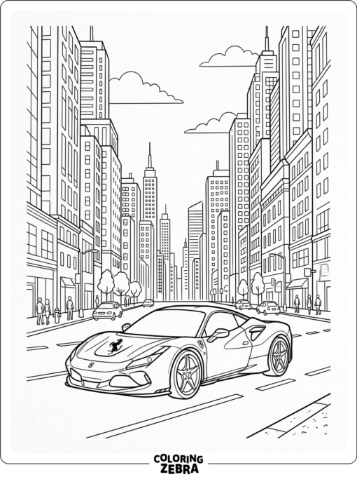 Ferrari on a city street with buildings