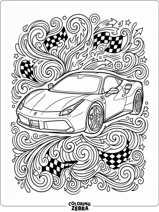 A Ferrari supercar with decorative swirls