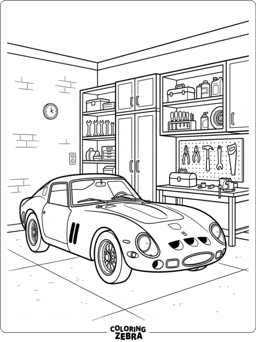 Ferrari parked in a garage with tools