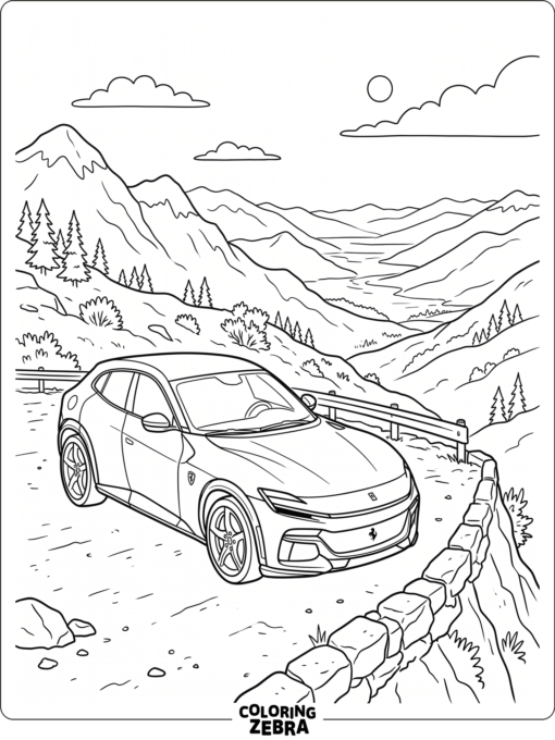 A Ferrari Purosangue SUV at a mountain overlook