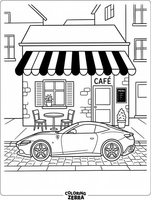A Ferrari Roma parked by a café