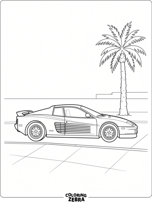 A Ferrari Testarossa parked by a palm tree