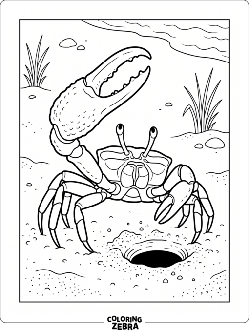 A fiddler crab beside a burrow with one large claw