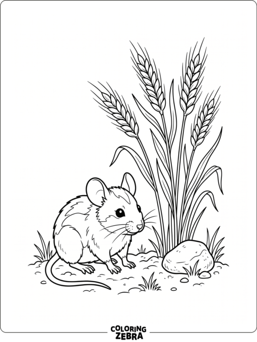 A field mouse beside wheat stalks and a stone