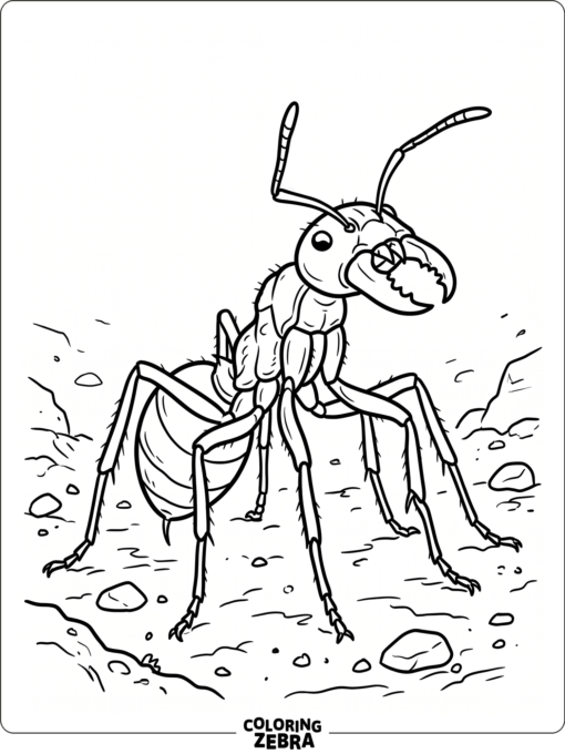 A fire ant with raised mandibles on the ground