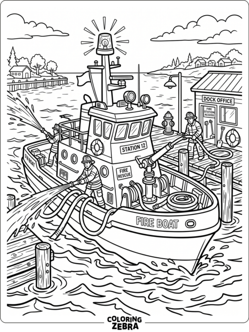 A fire boat sprays water beside a dock with bold outlines and open deck space
