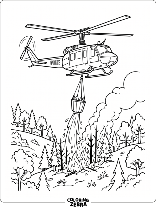 Fire helicopter dropping water on a forest fire