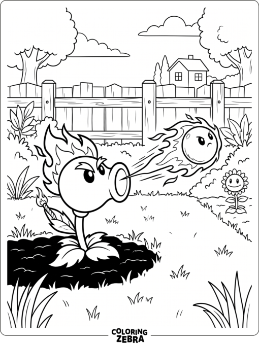 Fire Peashooter fires a flaming pea across the yard