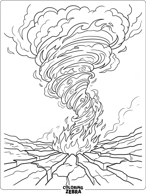 A fire tornado rising above cracked ground