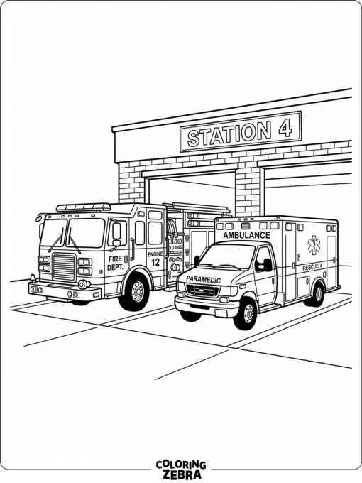 A fire truck and ambulance parked together at a station