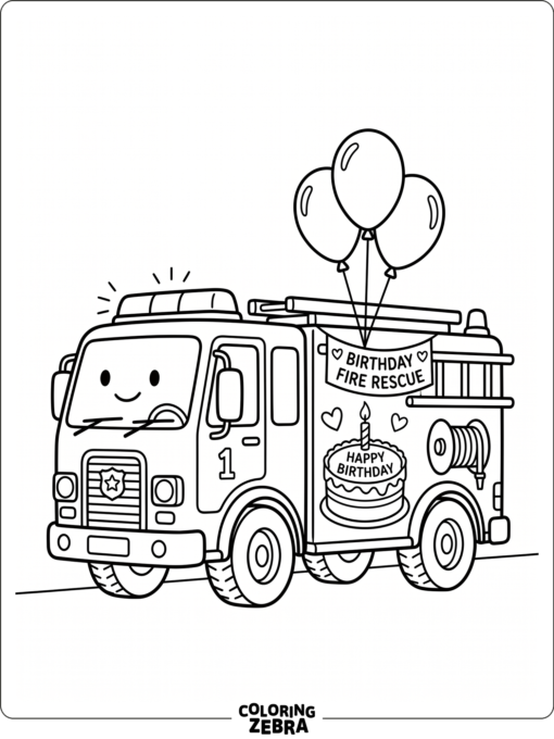 A fire truck with balloons and a birthday cake nearby