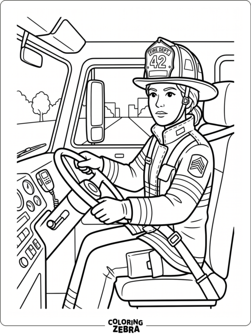 A firefighter driving a truck with hands on the wheel