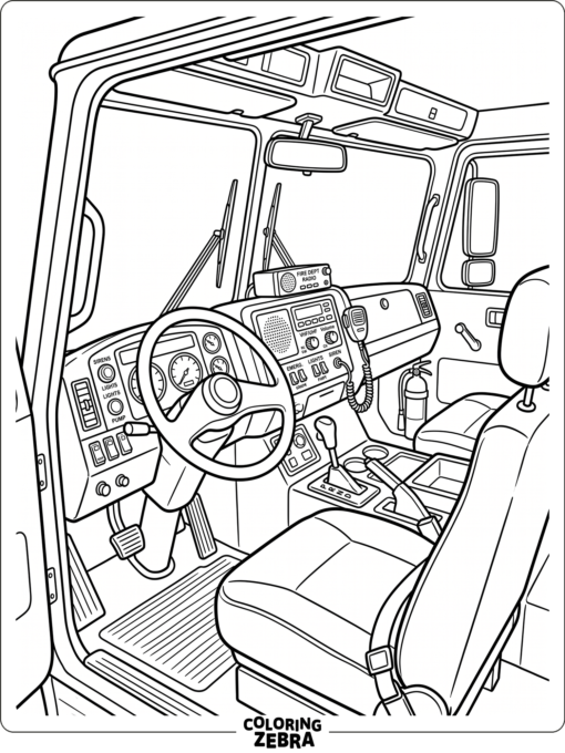 Fire truck cab interior with seats, a steering wheel, and radio
