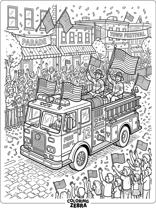 A fire truck in a parade with flags and confetti