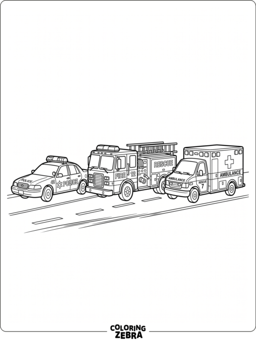 A police car, fire truck, and ambulance lined up together