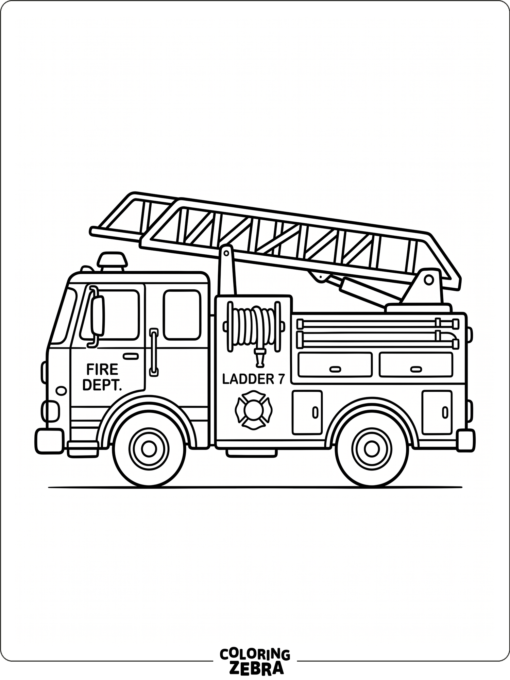 A fire truck shown from the side with a ladder and hose reel