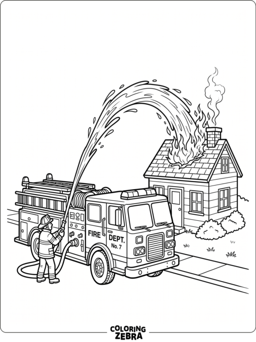 Fire truck spraying water toward a roof fire