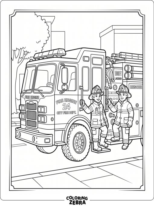 Fire truck with two firefighters on the side step