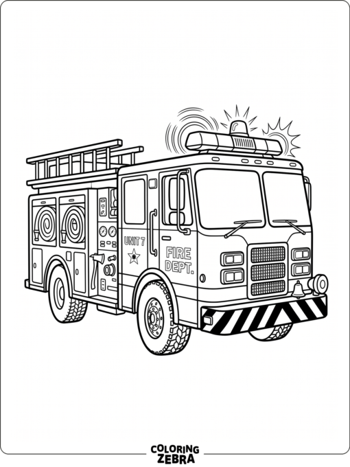 Fire truck with flashing lights and a striped bumper