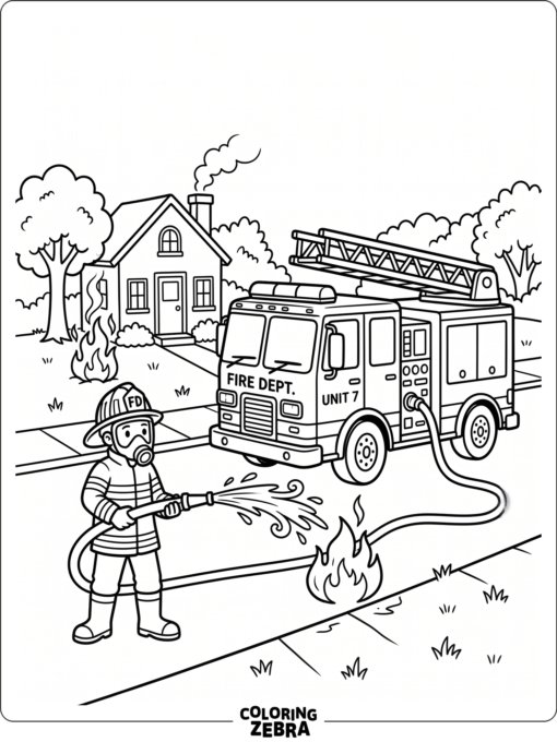 Fire truck spraying water at a small flame