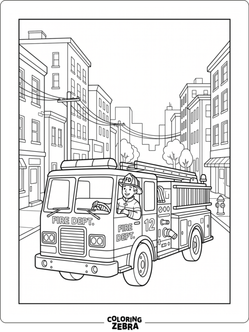 A firefighter driving a fire truck down a city street