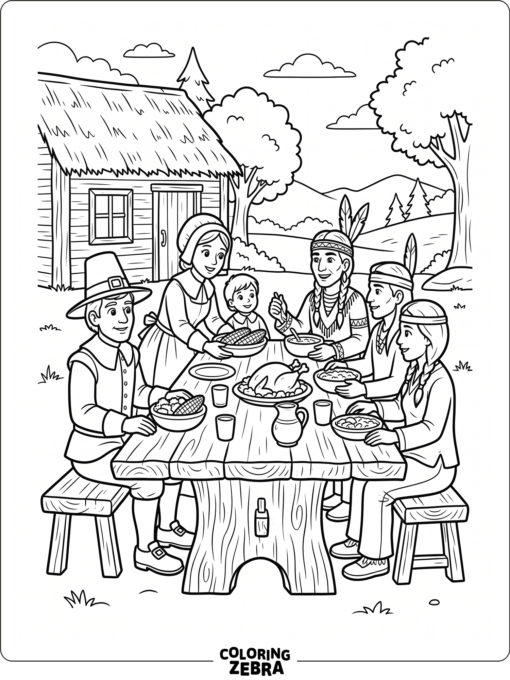 Pilgrims and Native Americans sharing a simple meal