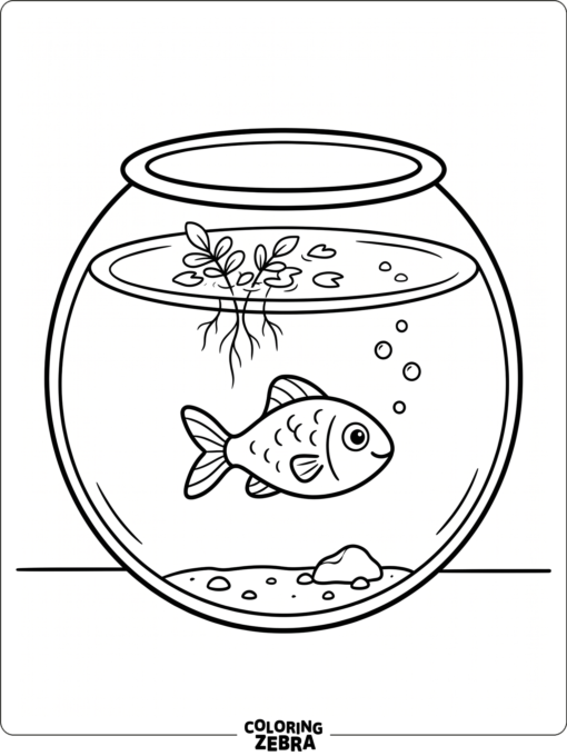 A small fish in a round bowl with a floating plant