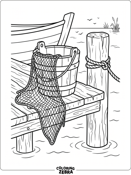 A fishing net hanging over a bucket