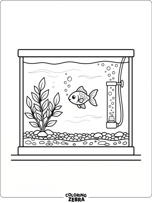 A fish tank with one fish, a plant, and a bubble filter