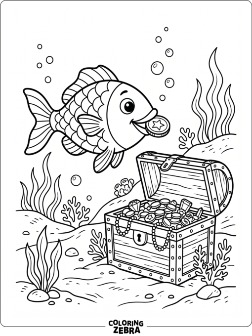 A fish holding a coin near a treasure chest