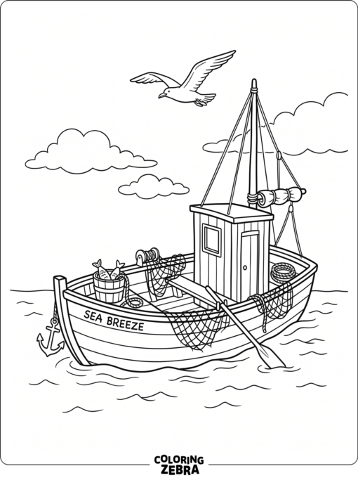 A fishing boat with nets and a bucket