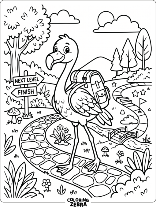 A flamingo character with a backpack