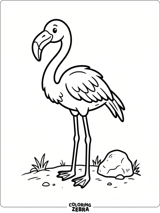 A flamingo standing beside a small rock