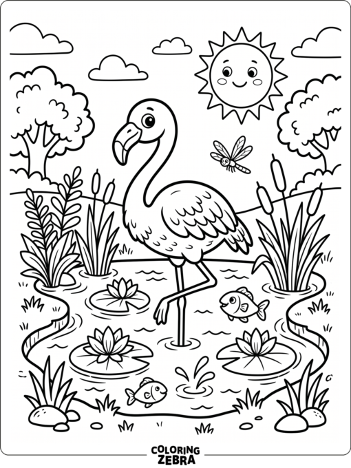 A flamingo in a kid-friendly pond scene