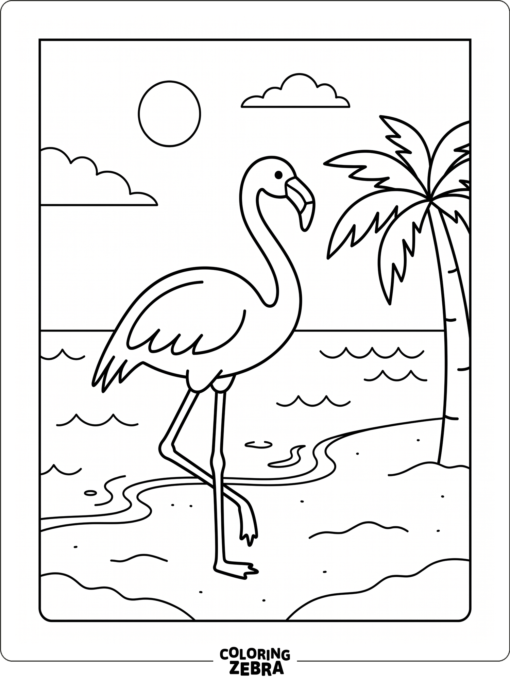 A flamingo by the beach with waves and a palm tree