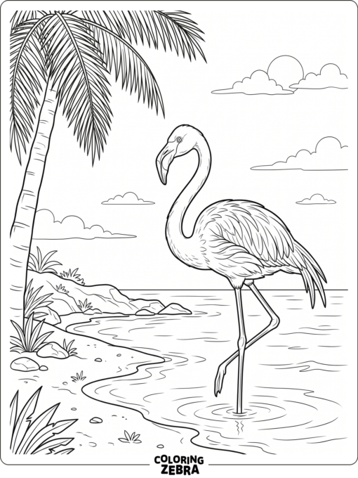 A flamingo by palm leaves and a quiet shore
